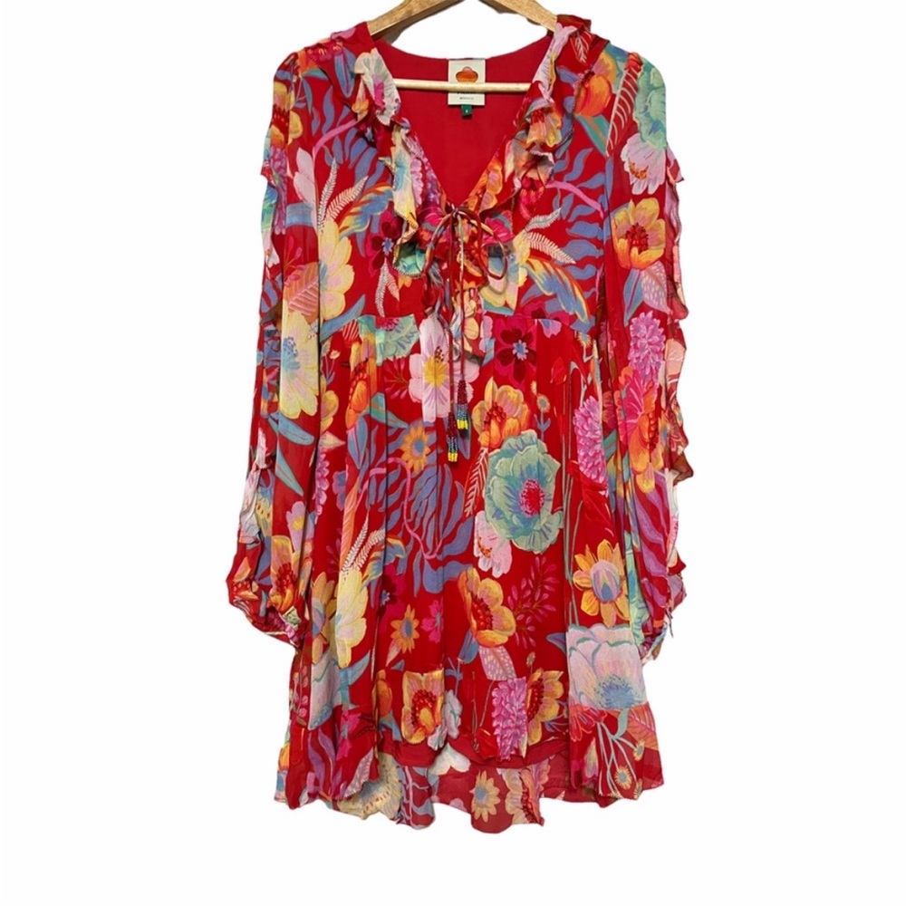 FARM RIO Hudson Floral Mini Dress Anthropologie Red Chiffon Ruffle Size Small